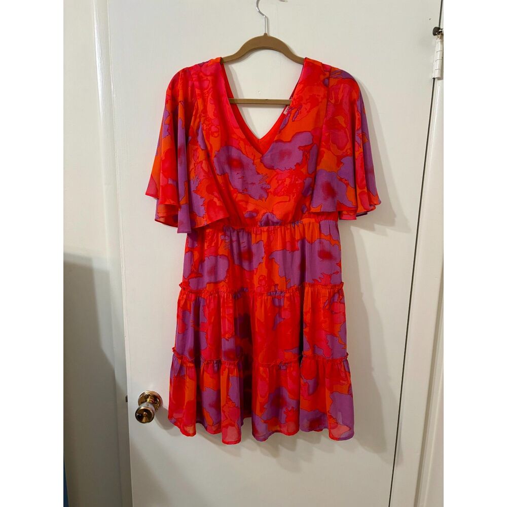 JODIFL Womens L Orange/Purple (Swirls Red) V-neck Flutter Slv Ruffle Boho Dress
